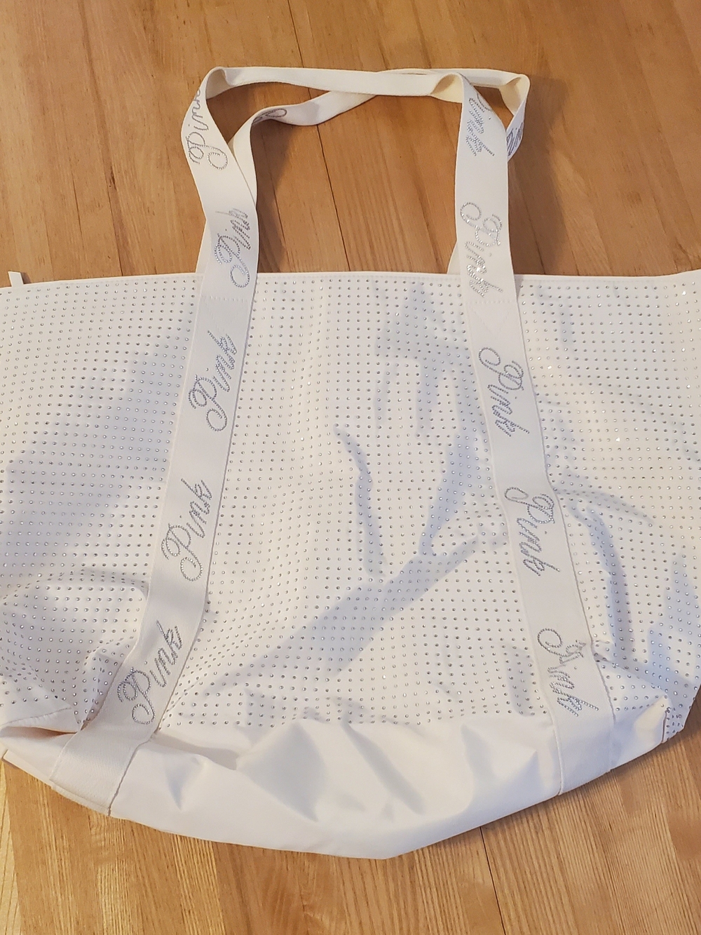 PINK Victoria's Secret White Rhinestone-Logo Perforated Tote